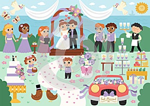 Vector wedding scene. Cute marriage ceremony illustration with just married couple in the arch, registrar, bridesmaids and