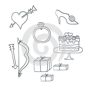 Vector Wedding set of line art icons. Hand drawn love symbols.