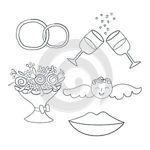 Vector Wedding set of line art icons. Hand drawn love symbols.