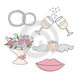 Vector Wedding set of line art icons. Hand drawn love symbols.