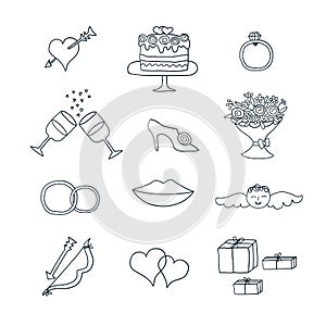 Vector Wedding set of line art icons. Hand drawn love symbols.