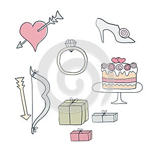 Vector Wedding set of line art icons. Hand drawn love symbols.