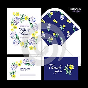 Vector wedding set with watercolor floral illustration. Wedding invitation, thank you card, envelope and RSVP card