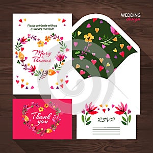 Vector wedding set with watercolor floral illustration. Wedding invitation, thank you card, envelope and RSVP card