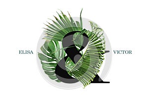 Vector wedind card with green tropical leaves