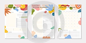 Vector daily,weekly,monthly planners templates with abstract organic shapes and doodles