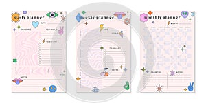 Vector daily,weekly,monthly planners templates with y2k patches,icons and emblems