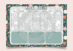 Vector weekly planner with floral design. Planner with space for notes, to do and habit and water tracker