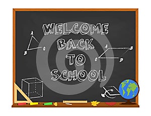 Vector welcome back to school concept with chalkboard and school supplies. Isolated on white background.