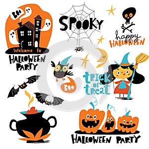 Vector Welcome to Halloween party stickers set in cartoon flat style