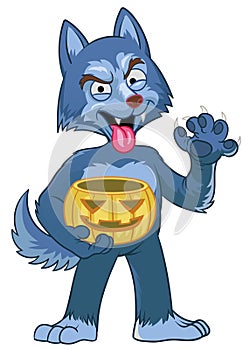 Werewolf cartoon character hold the halloween pumpkin photo