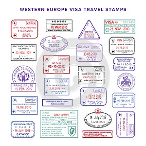 Vector western europe colour travel visa stamps set