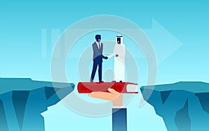 Vector of a western world executive shaking hands with an Arab Business man, standing on a book that bridged the gap photo