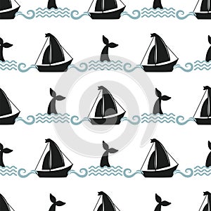 Vector whale illustration seamless pattern humpback ocean marine ship vessel mammal wildlife aquatic animal character.