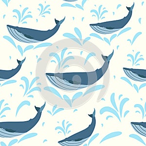 Vector whale illustration. Swimming cute whales seamless background for print or web. Whales pattern