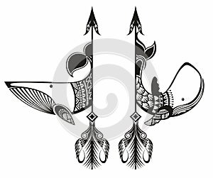 Vector Whale  tattoo art . Whale with arrow graphic style. Tattoo with Whales for your design.