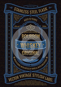 Vector whiskey label, sticker on bottle or flask of alcoholic drink. Vertical black bourbon logo with logo