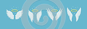 Vector White Angel Wing with Hole, Nimbus Icon Set. Vintage Angel Wings, Icons, Design Template, Clipart Collection
