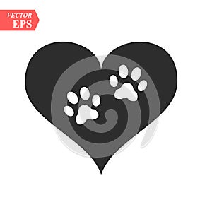 Vector of a white animal pawprint in a black heart on white background to be uses as a logo or illustration