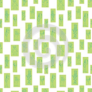 Vector white anthropomorphic characters in fun rectanglar shapes seamless pattern background