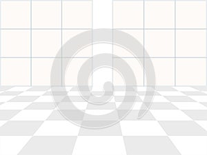 Vector white background. Checkered perspective floor and window in blue color