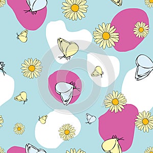 Vector white background daisy flowers, wild flowers and butterflies, insects. Seamless pattern background