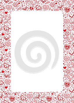 Vector white background with hand drawn creative hearts and flowers in folk style. Romantic frame
