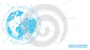 Vector white background. Light blue map of planet Earth with social icons. Global Internet. Technology and telecommunications.