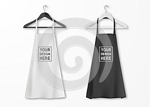 Vector white and black cotton kitchen apron set with clothes hangers closeup isolated on white background. Design