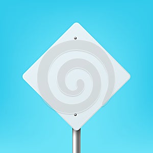 Vector White Blank Diamond Shaped Road Sign Frame Icon Closeup on Blue Background. Road Poiner Plate Design Template