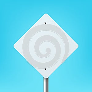 Vector White Blank Diamond Shaped Road Sign Frame Icon Closeup on Blue Background. Road Poiner Plate Design Template photo
