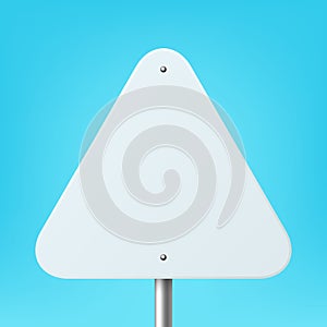 Vector White Blank Triangle Road Sign Frame Icon Closeup on Blue Background. Road Poiner Plate Design Template, Front photo