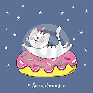 Vector of white cat unicorn in donut flying in the night sky among stars, cute sketch card with lettering sweet dreams, cartoon