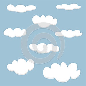 Vector white clouds on blue sky background set.