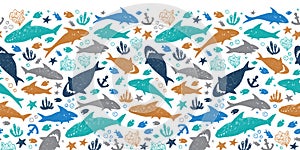 Vector white colourful cute shark pen sketch horizontal border pattern. Perfect for wall mural, posters or greeting cards