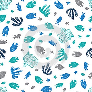 Vector white coral reef fish pen sketch repeat pattern. Perfect for fabric, scrapbooking and wallpaper projects