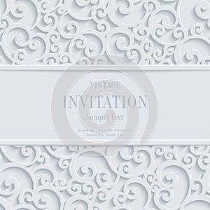 Vector White 3d Vintage Christmas or Invitation Cards Background with Swirl Damask Pattern