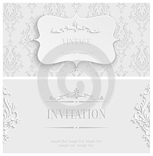 Vector White 3d Vintage Invitation Card with Floral Damask Pattern