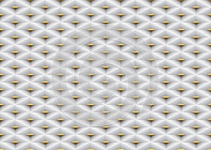 Vector white embossed pattern plastic grid seamless background with golden insert element. Technology diamond shape cell texture.