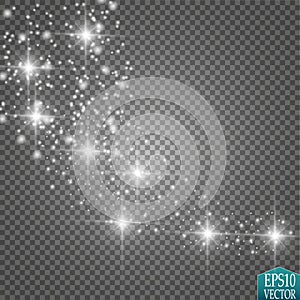 Vector white glitter wave illustration. White star dust trail sparkling particles isolated on transparent background.