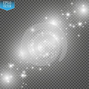 Vector white glitter wave illustration. White star dust trail sparkling particles isolated on transparent background.