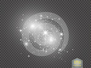 Vector white glitter wave illustration. White star dust trail sparkling particles isolated on transparent background.