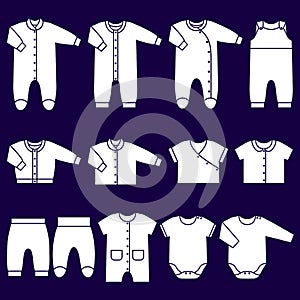 Vector white icons of baby clothes.