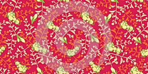 Vector white jasmine flowers twigs ditsy on vibrant shocking pink modern seamless pattern.