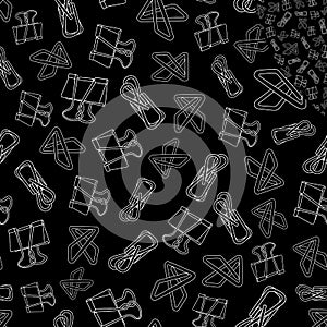 Vector White Line Art of Clips on Black Background Seamless Repeat Pattern. Background for textiles, cards