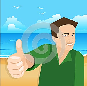 Vector white man holding like finger up and smiling on beach