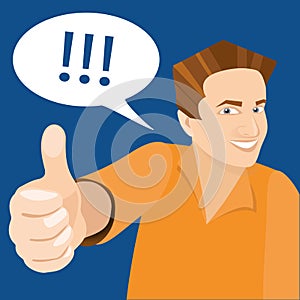 Vector white man holding like finger up and smiling on blue