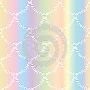 Vector white mermaid tail texture. Fish scales seamless pattern on rainbow background