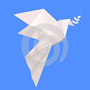 Vector white origami dove of peace with a branch on a blue background