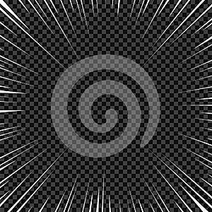 Vector white radial lines for comics, superhero action. Manga frame speed, motion, explosion background. isolated background.